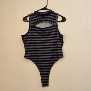 Romwe Women's Large Striped Black and Gray Bodysuit